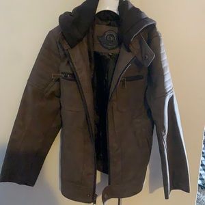 Boys brown leather hoodie jacket